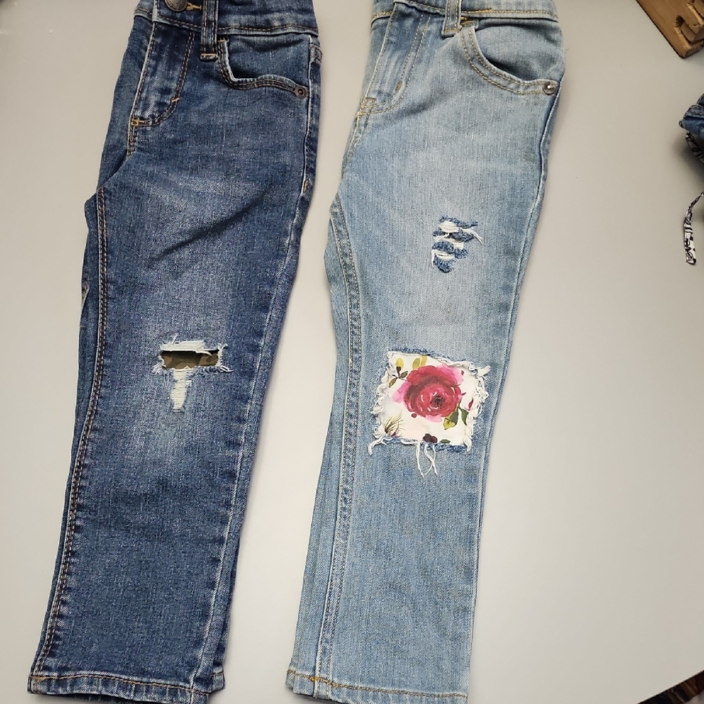 Adustable Bundle Dark and Light Blue  Jeans with Floral Patch